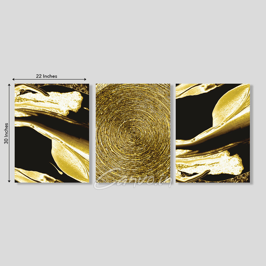 Golden Scintillating Circles Abstract Canvo - Set of 3 Pieces