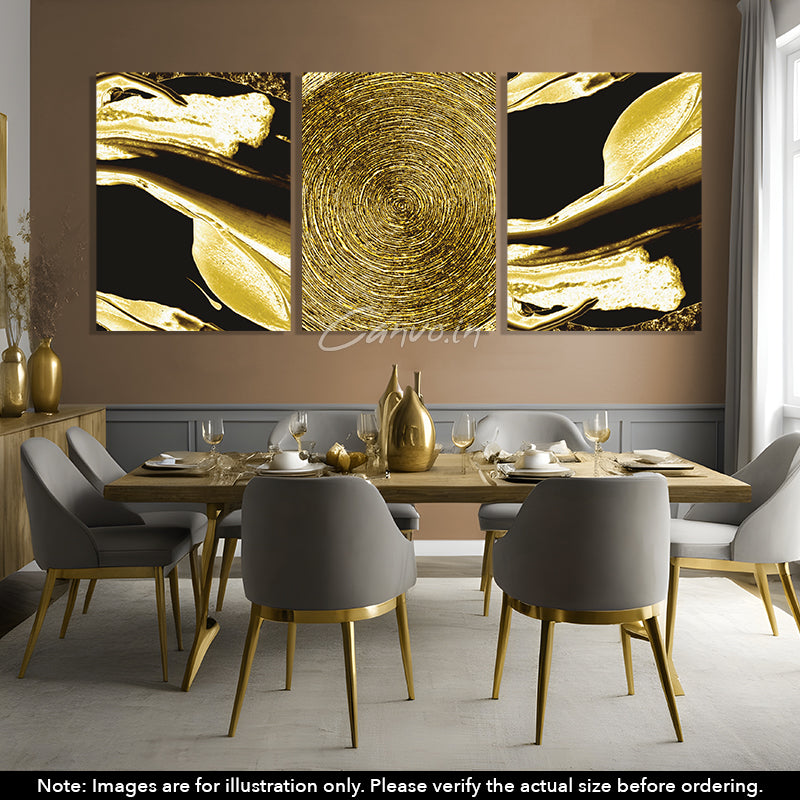 Golden Scintillating Circles Abstract Canvo - Set of 3 Pieces