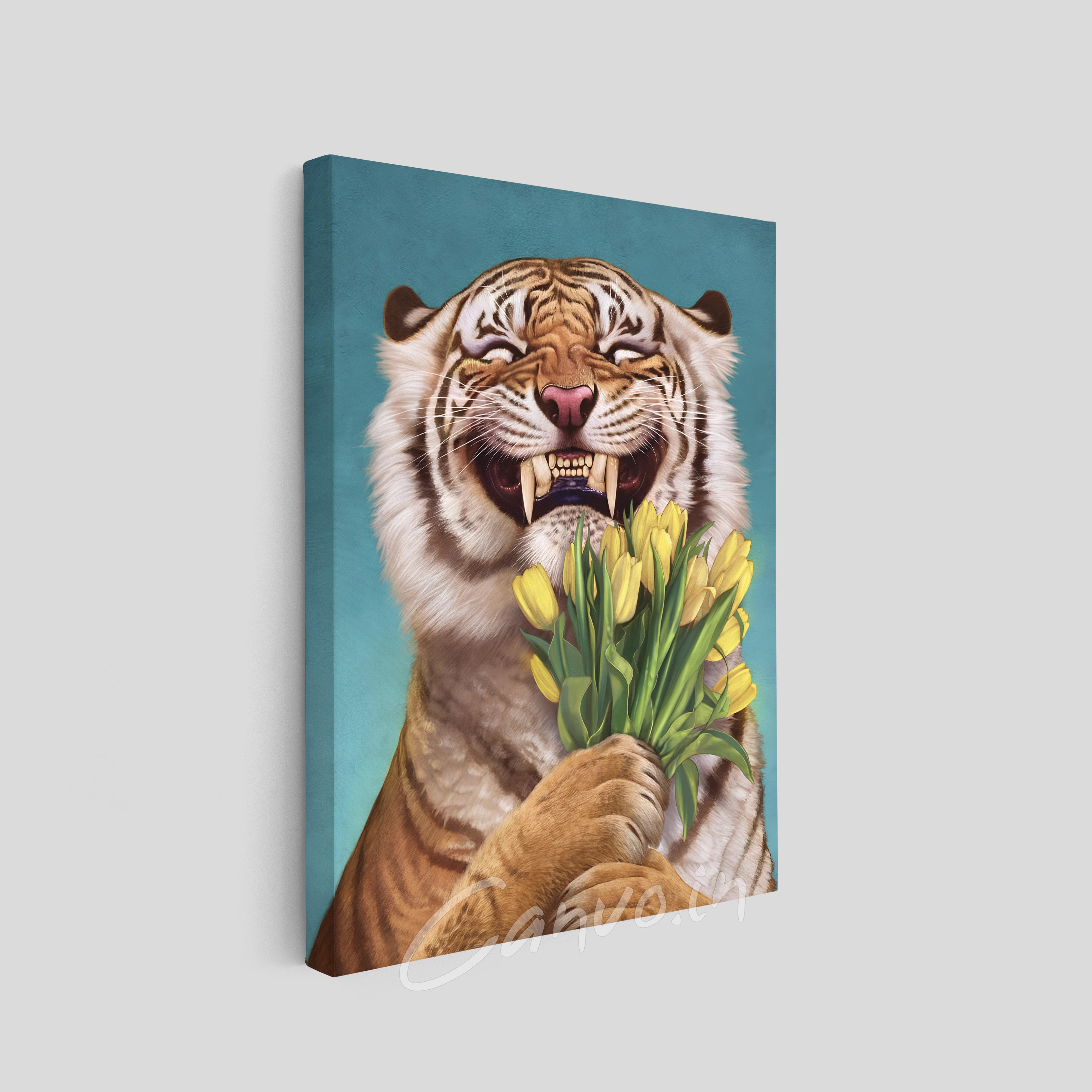 Tiger with Yellow Tulips Canvo