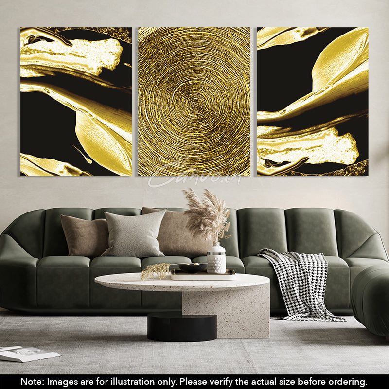 Golden Scintillating Circles Abstract Canvo - Set of 3 Pieces