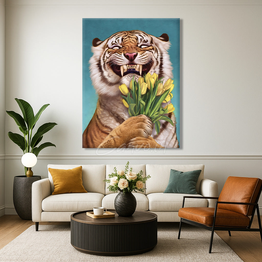 Tiger with Yellow Tulips Canvo