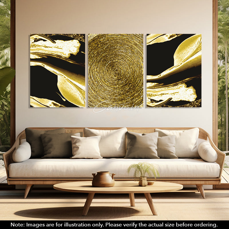 Golden Scintillating Circles Abstract Canvo - Set of 3 Pieces