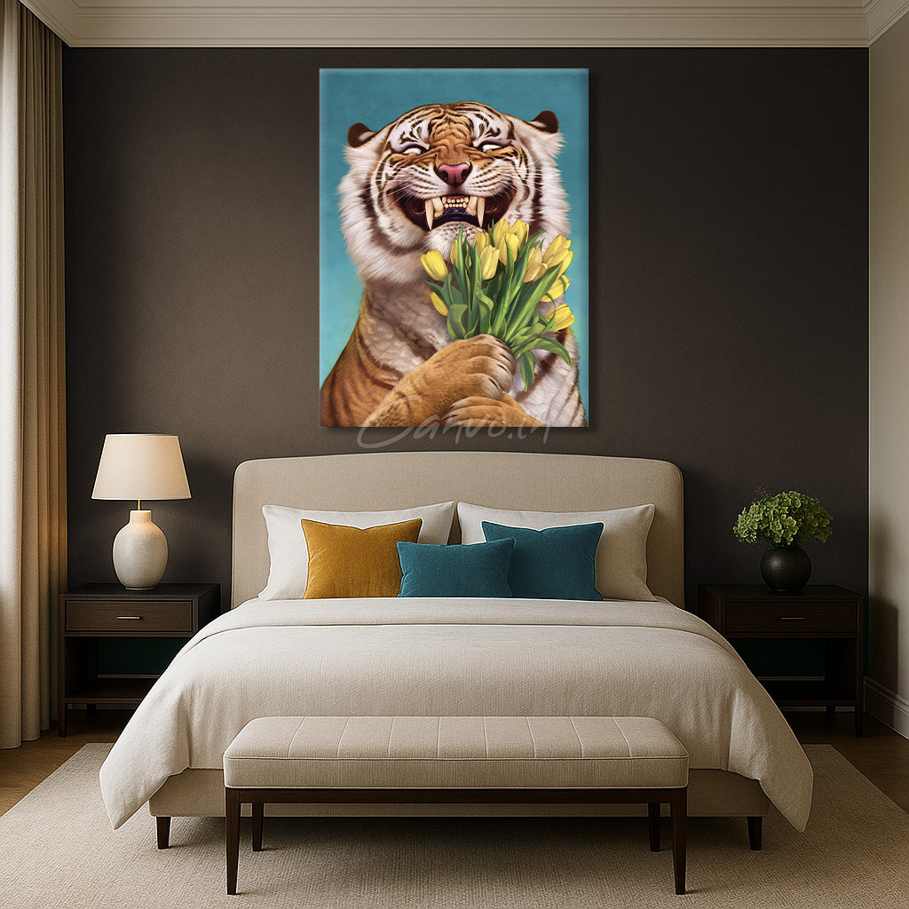 Tiger with Yellow Tulips Canvo