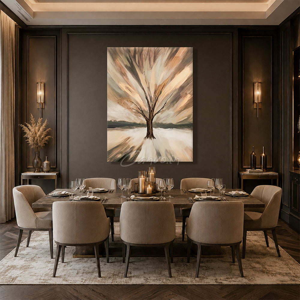 Radiant Tree - Beige & Grey Impressionist Abstract