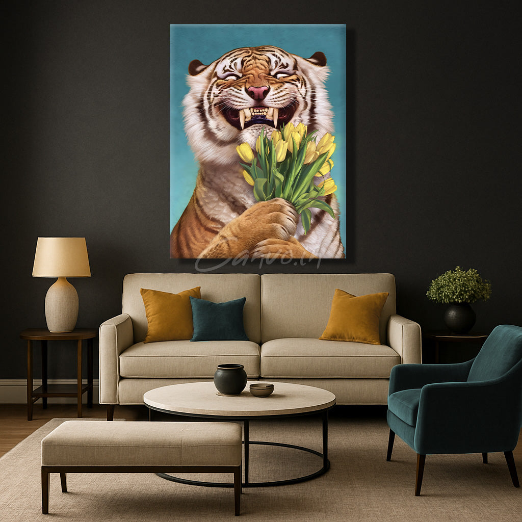 Tiger with Yellow Tulips Canvo
