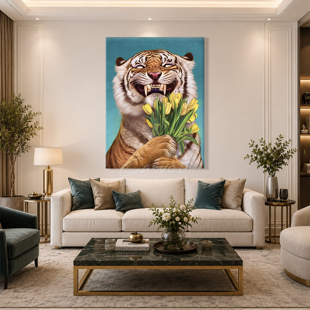 Tiger with Yellow Tulips